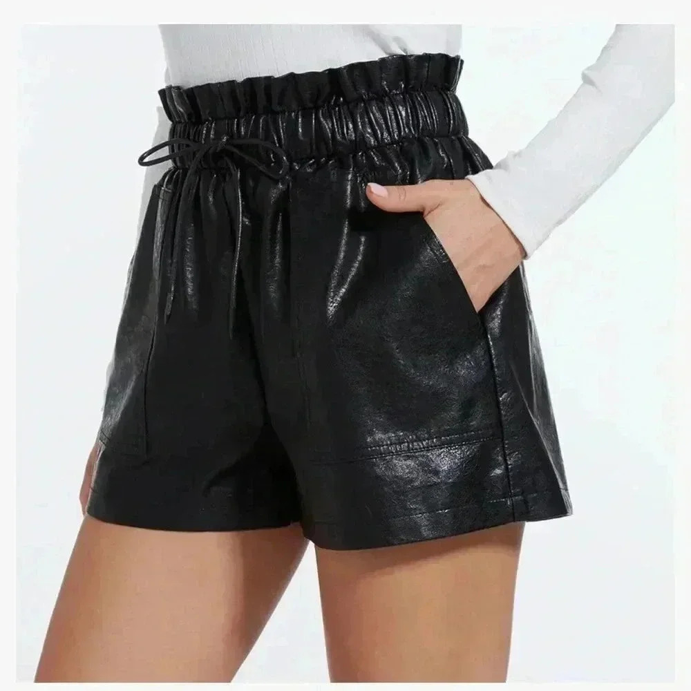 High Waisted Wide Leg Faux Leather Womens Short